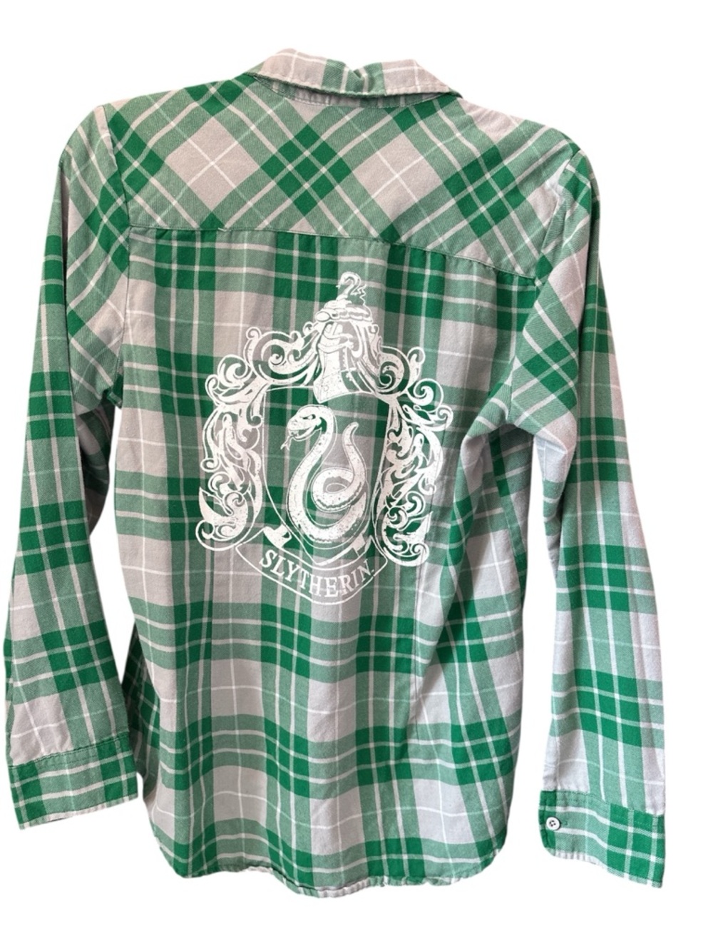 Harry Potter Green and Gray Plaid Button-Down Shirt with Slytherin Crest